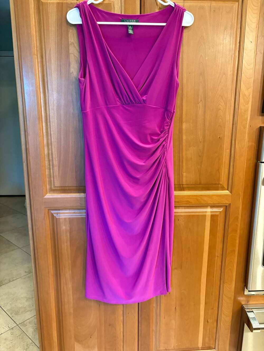 Ralph Lauren Women's Magenta Pink Sleeveless Ruched V-Neck Midi Dress Size 10